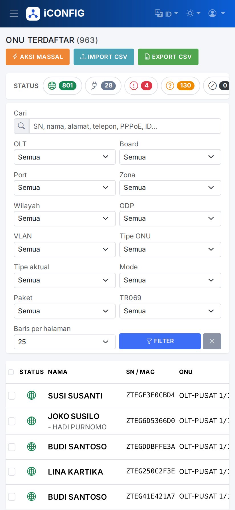 Daftar ONU di HP